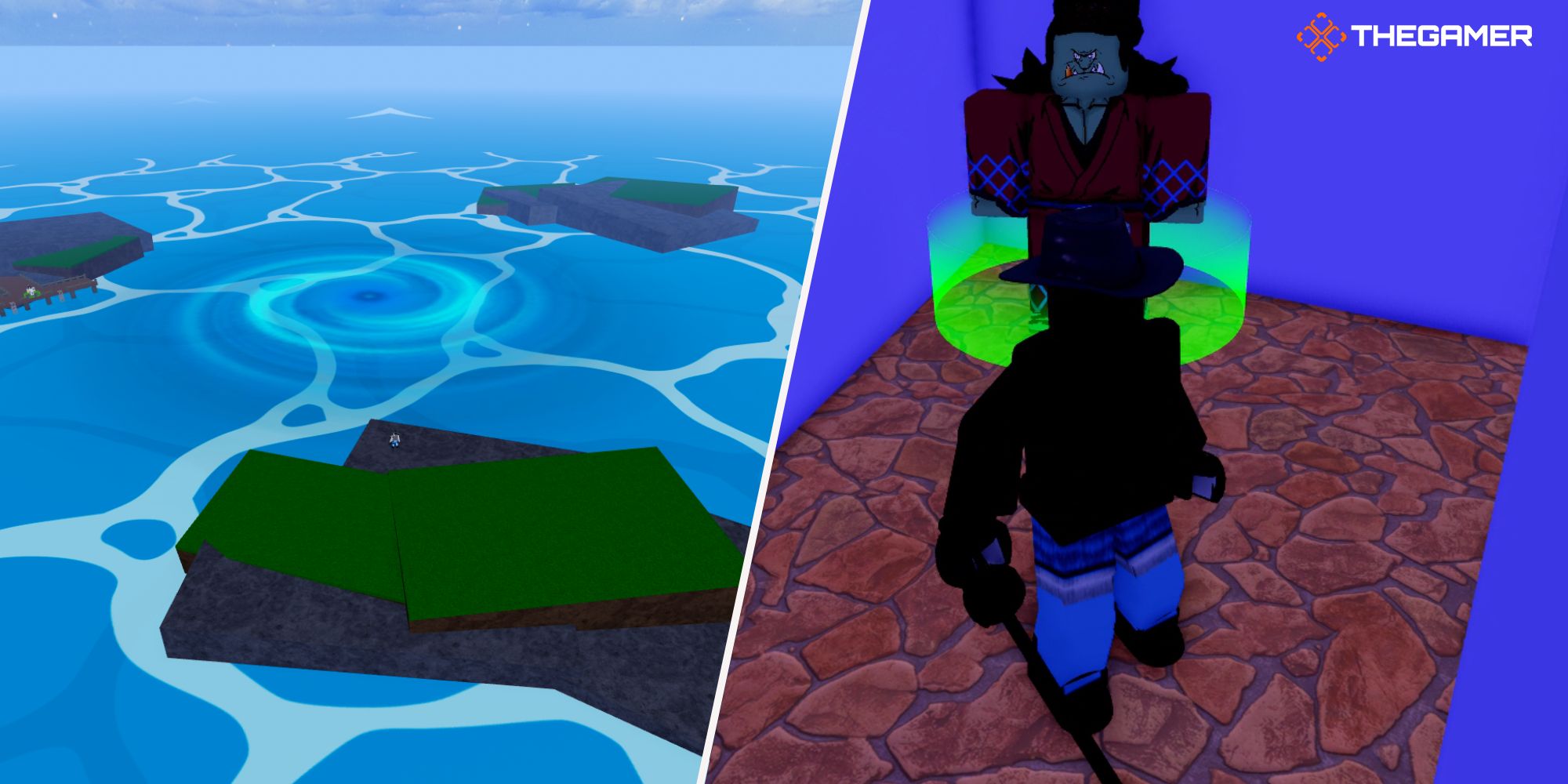 Roblox Blox Fruits, Right: a character next to the water kung fu teacher, left: Whirlpool