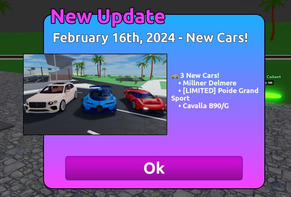 The Milner Delmere, Poide Grand Sport, and Cavalla B90/G are three new cars featured in Mansion Tycoon's February 16, 2024 update.