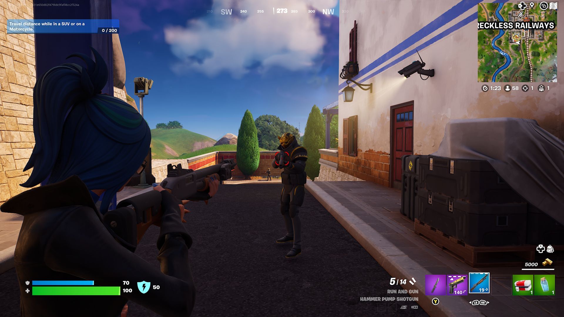A player preparing to shoot at a Legion Heavy enemy guarding Reckless Railways in Fortnite.