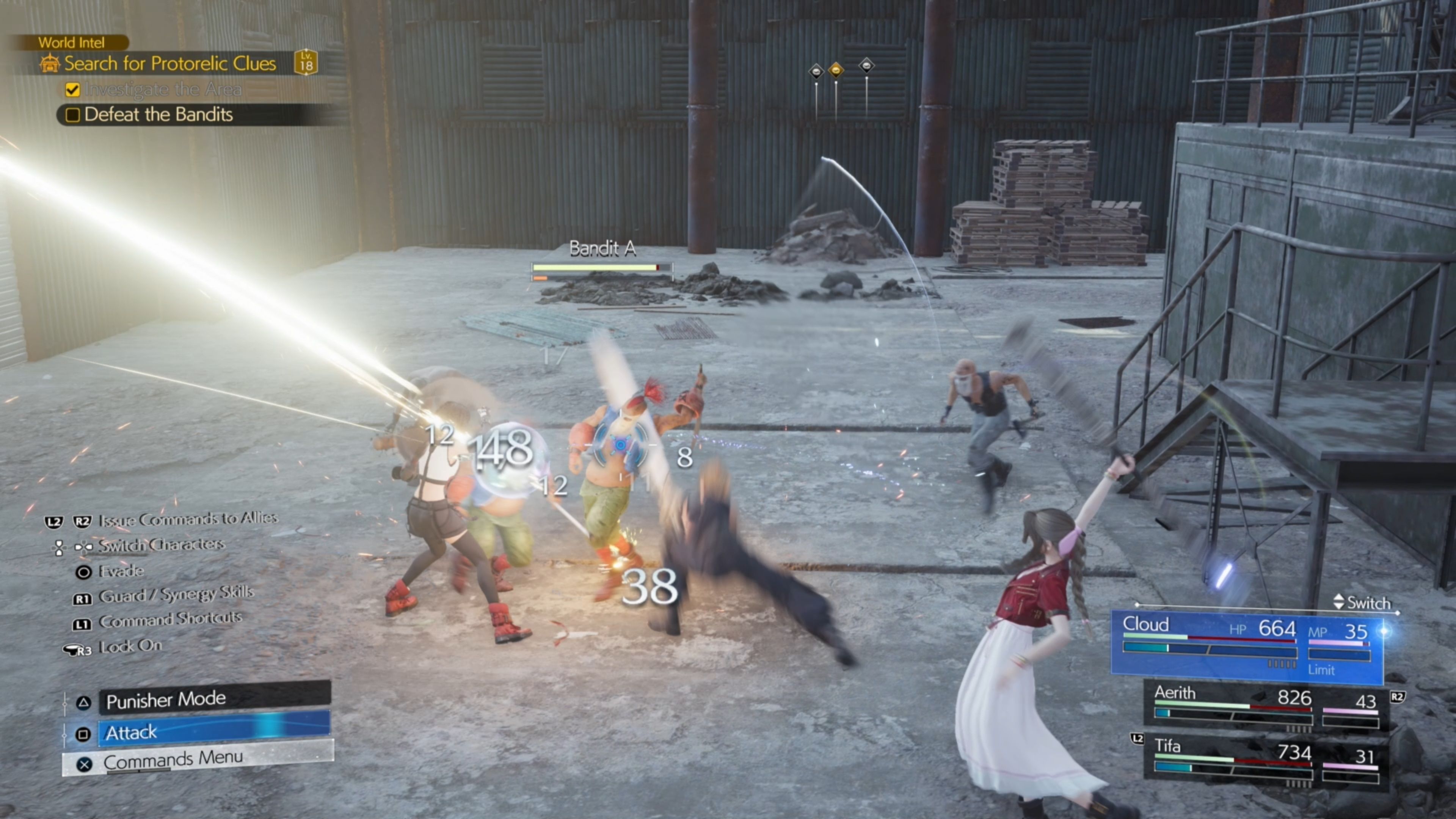 Cloud, Aerith, and Tifa fighting a group of Bandits in the Abandoned Republic Factory in Final Fantasy 7 Rebirth