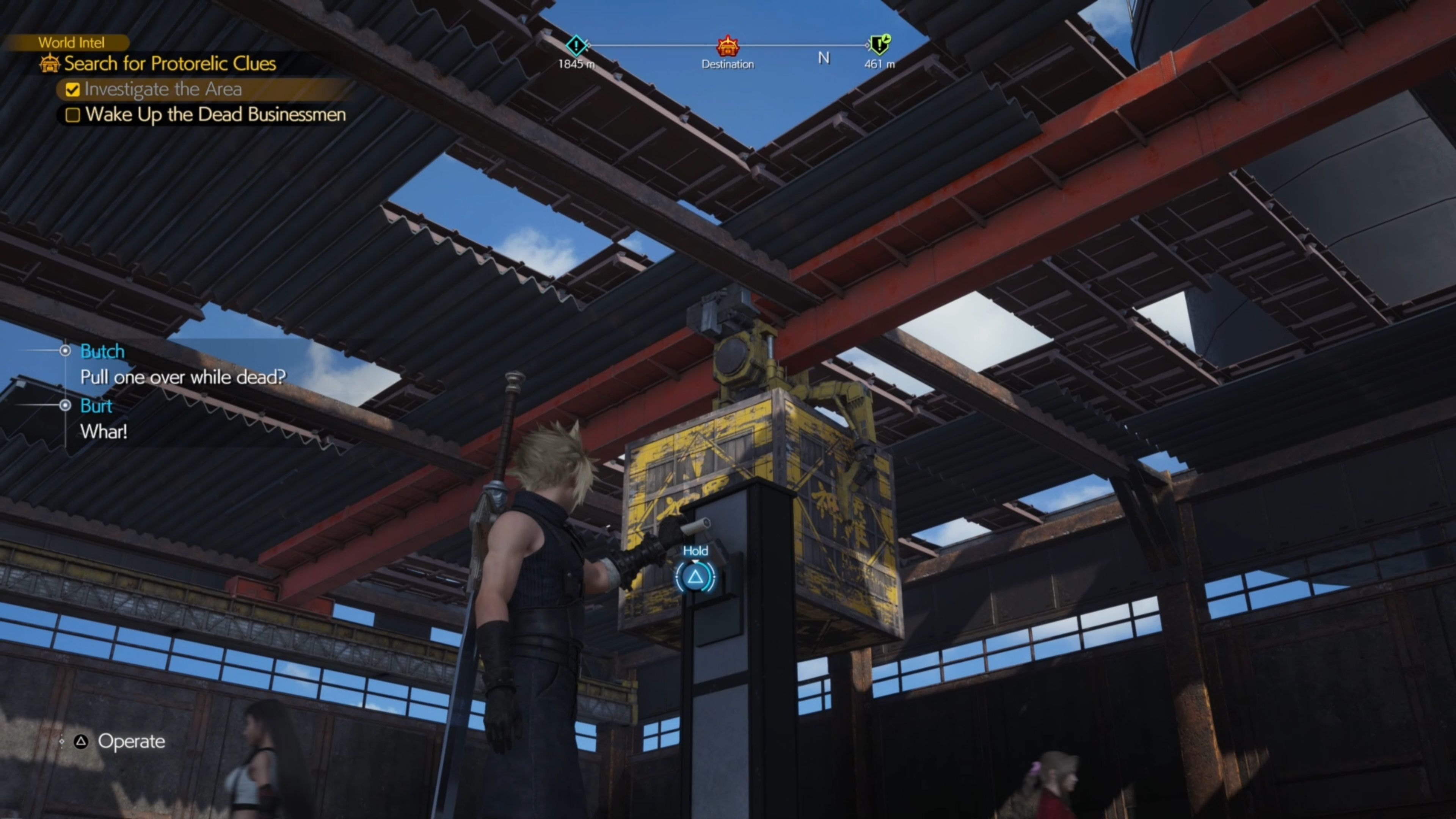 Cloud dropping a comically large crate onto Beck's Badasses who are playing dead just beneath it in Final Fantasy 7 Rebirth