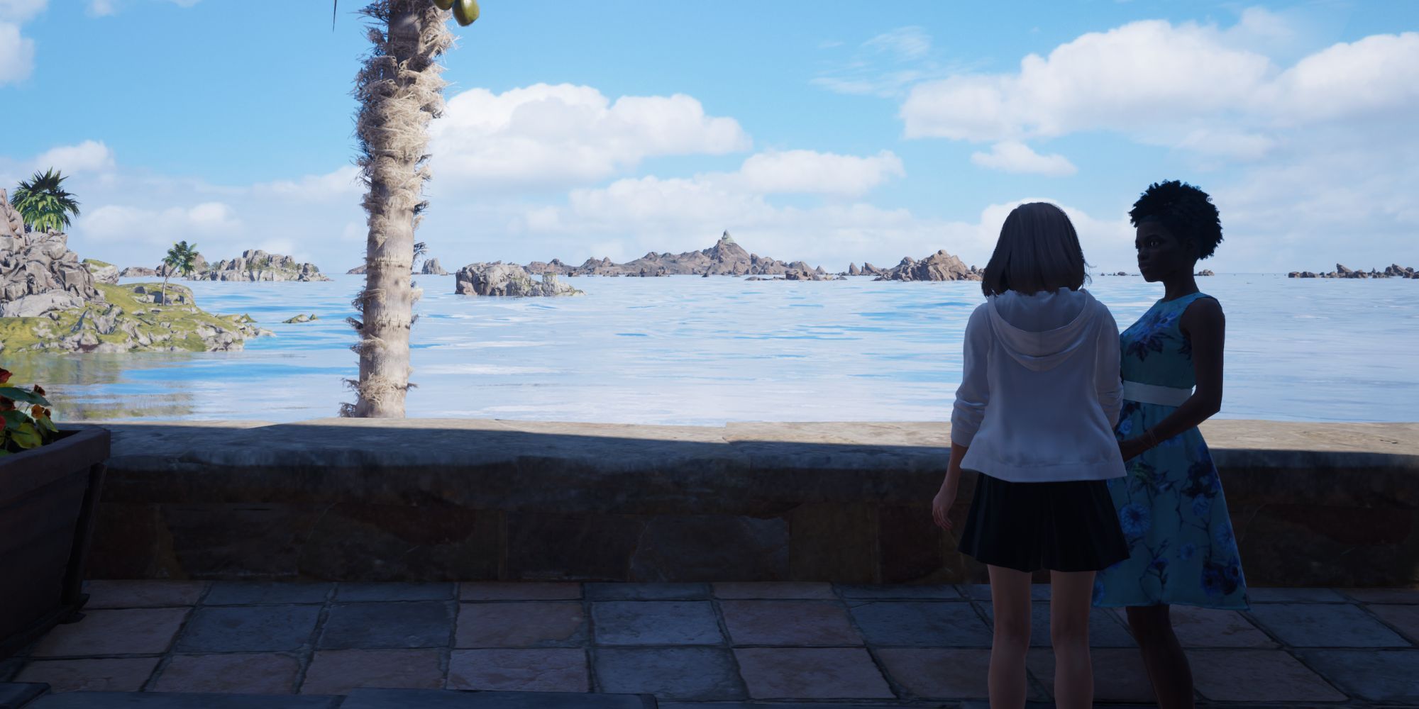 Girlfriends holding hands near the beach in Final Fantasy 7 Rebirth