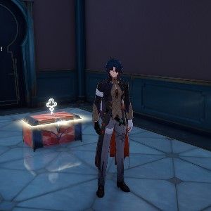 Honkai Star Rail's Blade stands in front of a chest.