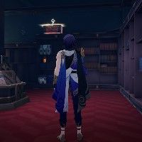 Honkai Star Rail's Dr. Ratio stands near a book case.