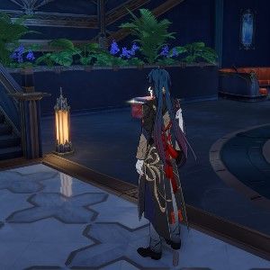 Honkai Star Rail's Blade stands next to a staircase and a chest.