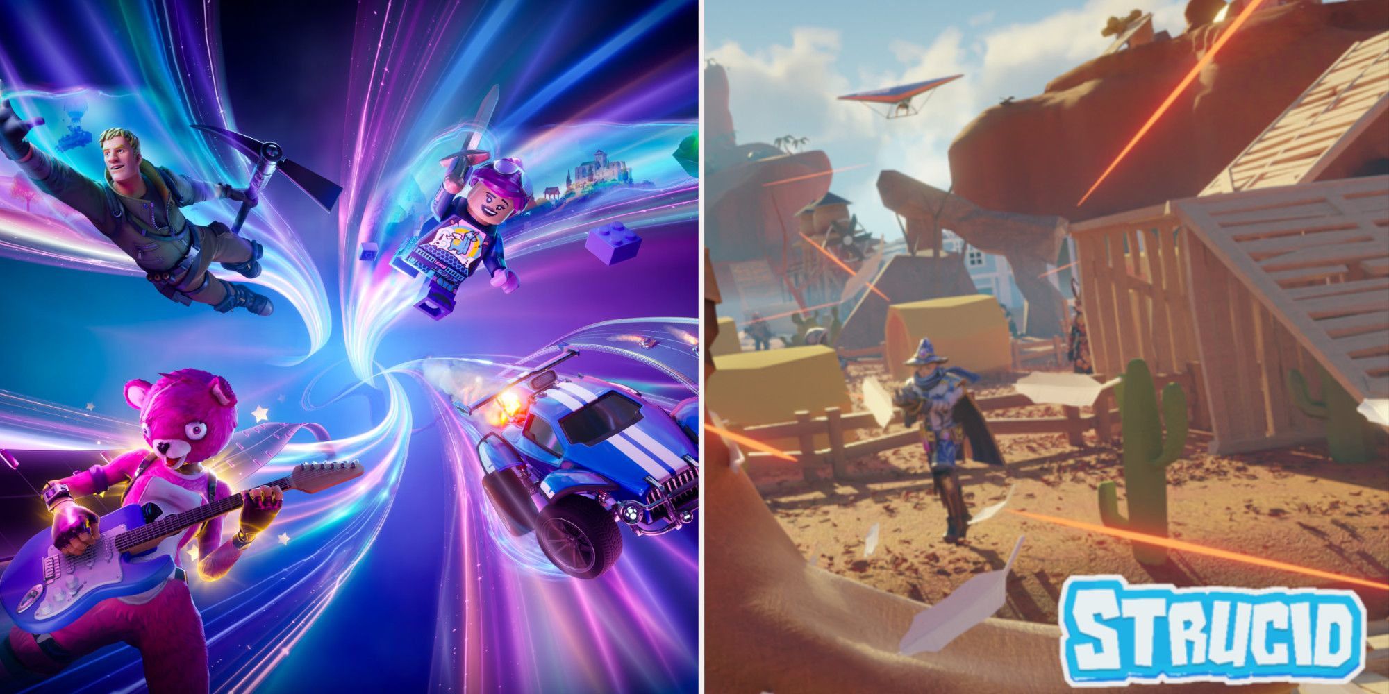 Fortnite characters, legos, and rocket league car jump through a portal beside dessert fight 