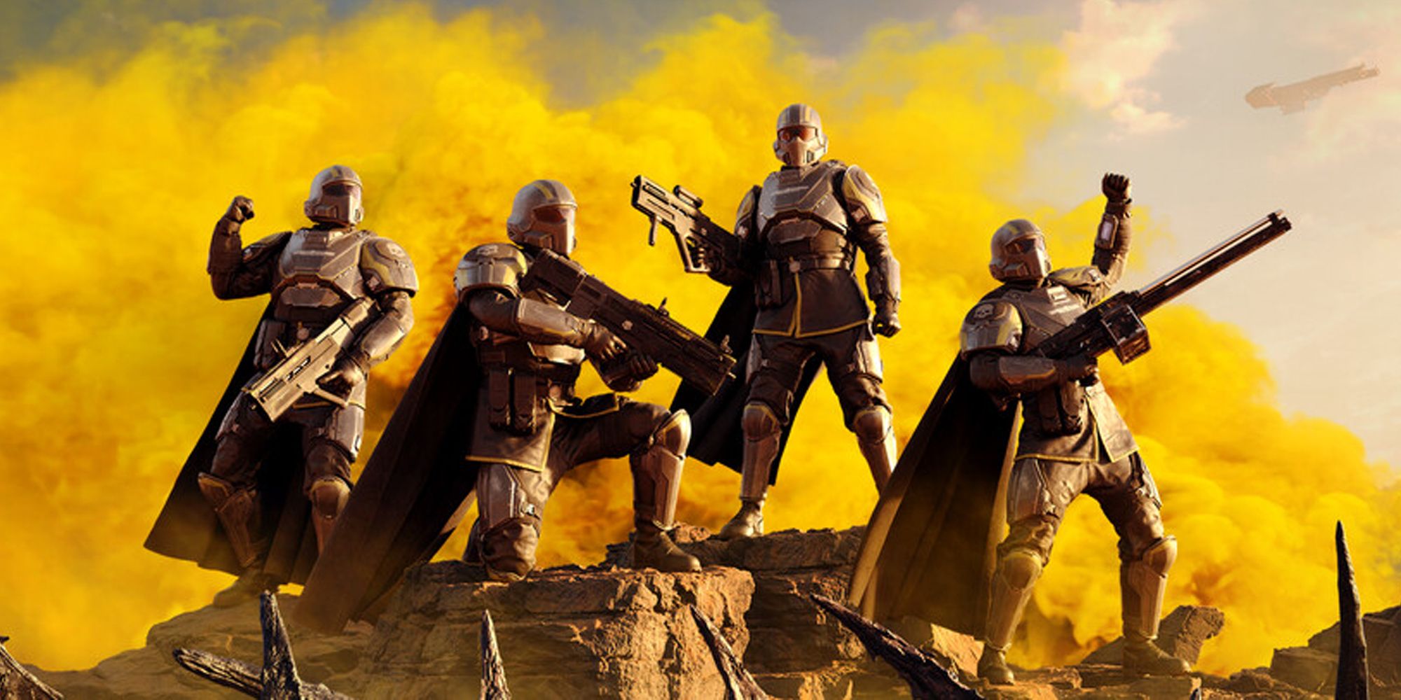 Four Helldivers standing in front of yellow smoke on a rock