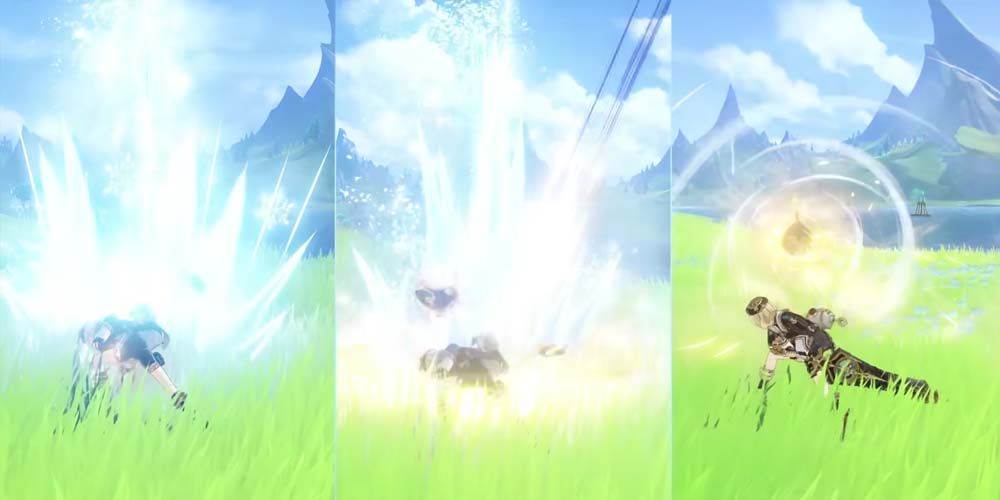 three images of Freminet dealing different levels of Shattering Pressure with his Elemental Skill - Genshin Impact