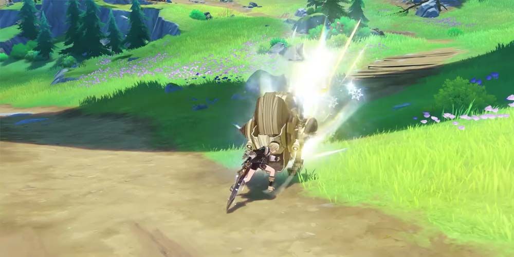Freminet using his Elemental Skill on a meka enemy to deal Pneuma-infused damage