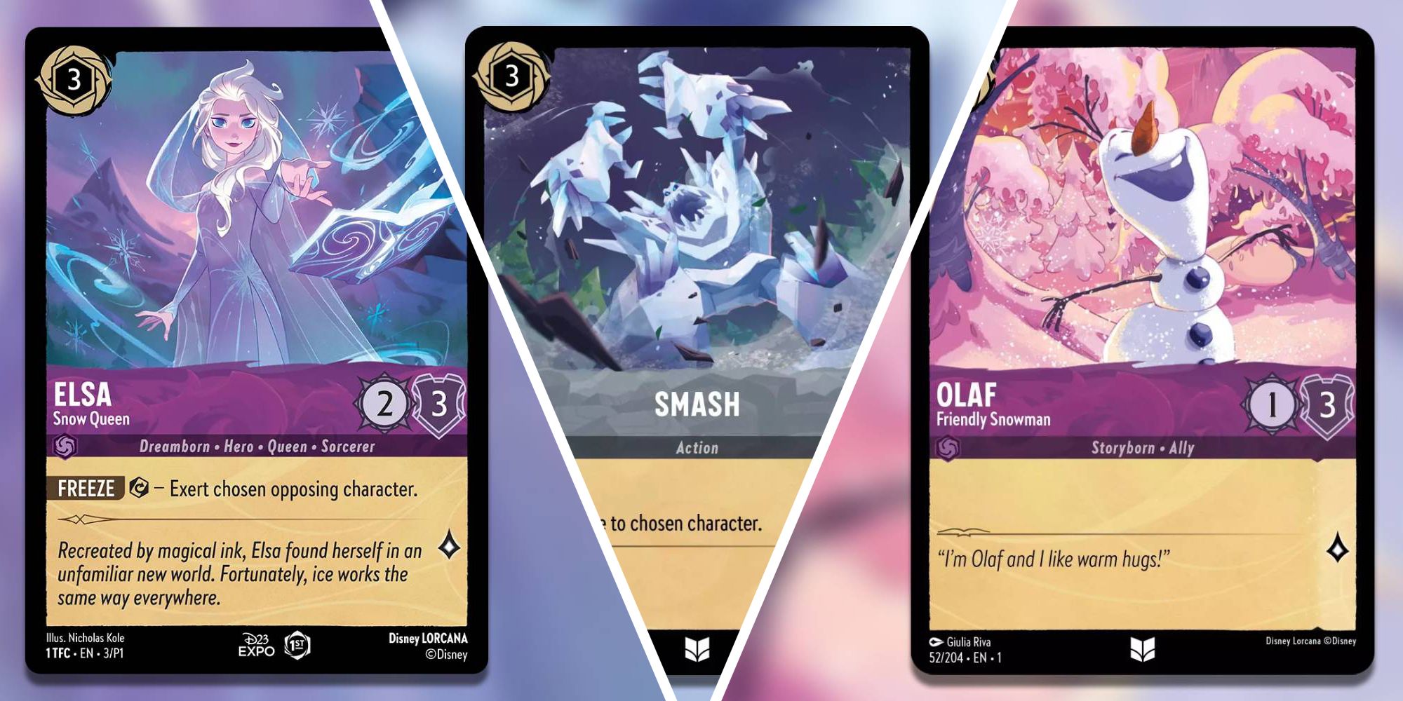 From left to right, the Elsa - Snow Queen, Smash, and Olaf - Friendly Snowman Lorcana Cards