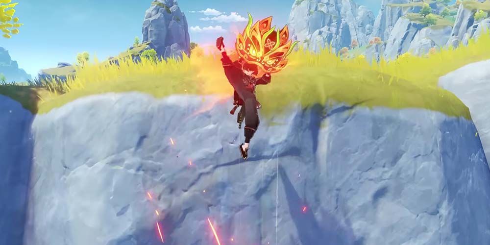 Gaming using his Elemental Skill to climb a wall in Genshin Impact