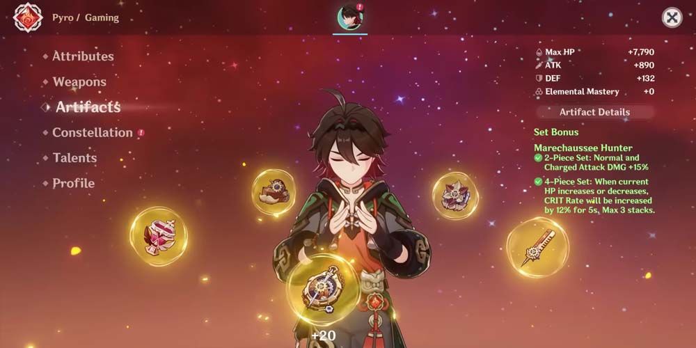 Gaming holding the Marechaussee Hunter artifact set in Genshin Impact