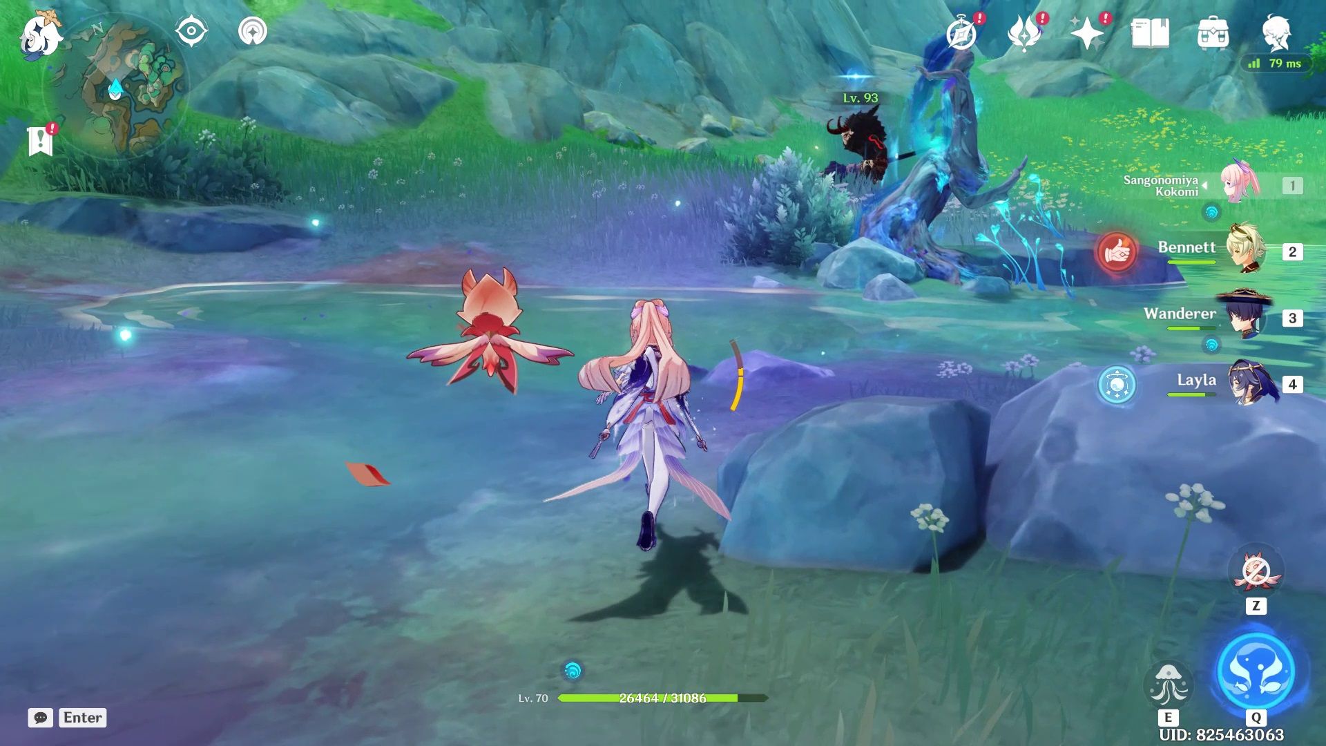 Kokomi running towards a Miamsa infested tree in Chenyu Vale in Genshin Impact. 
