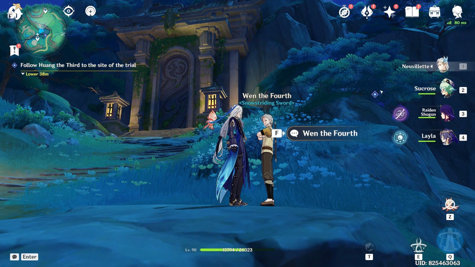 Neuvillette interacting with an NPC called Wen The Fourth in Genshin Impact. 