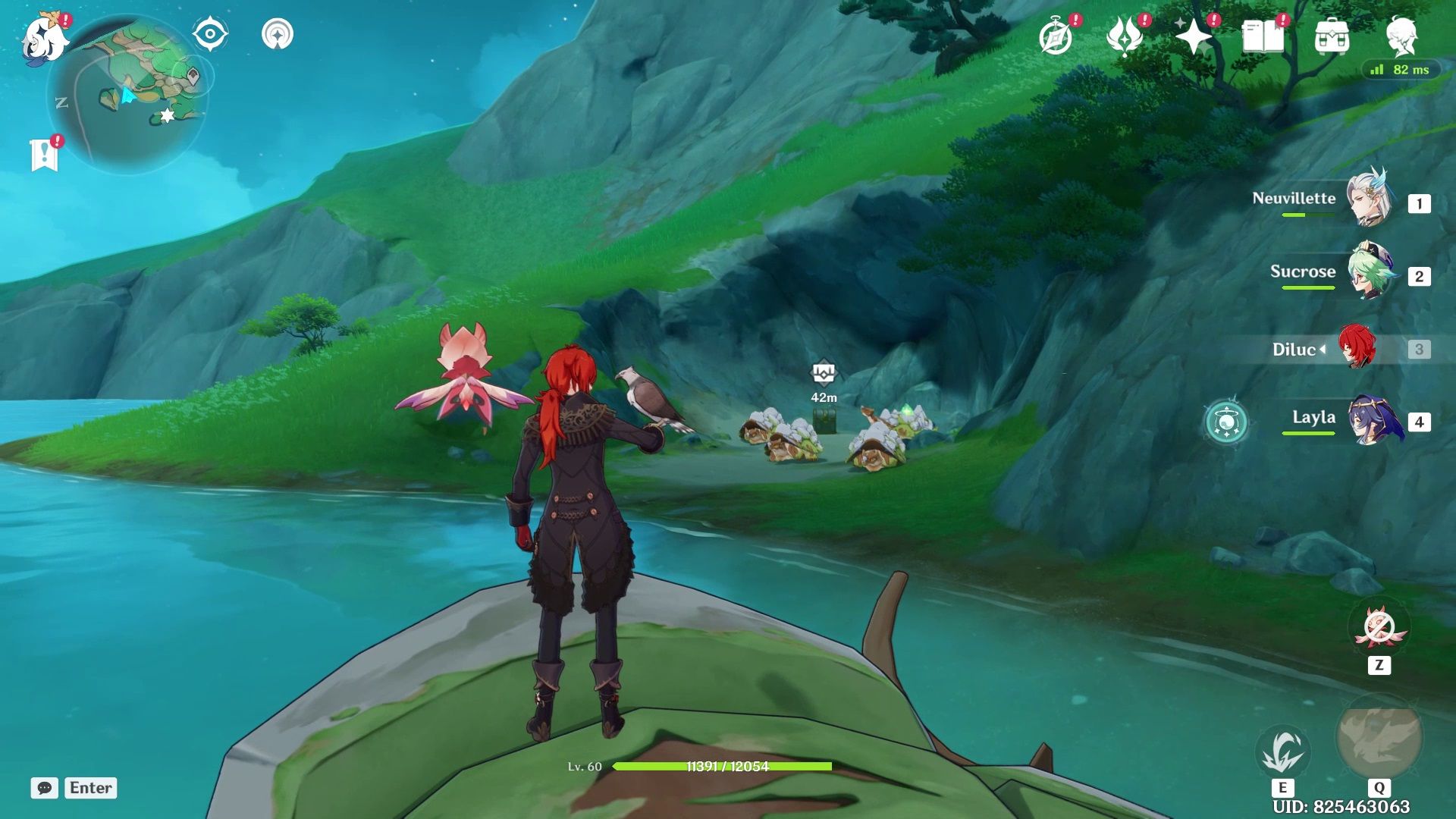 Diluc in his idle animation, drifting away on top of large tortoise to the location of a Luxurious chest in Genshin Impact. 
