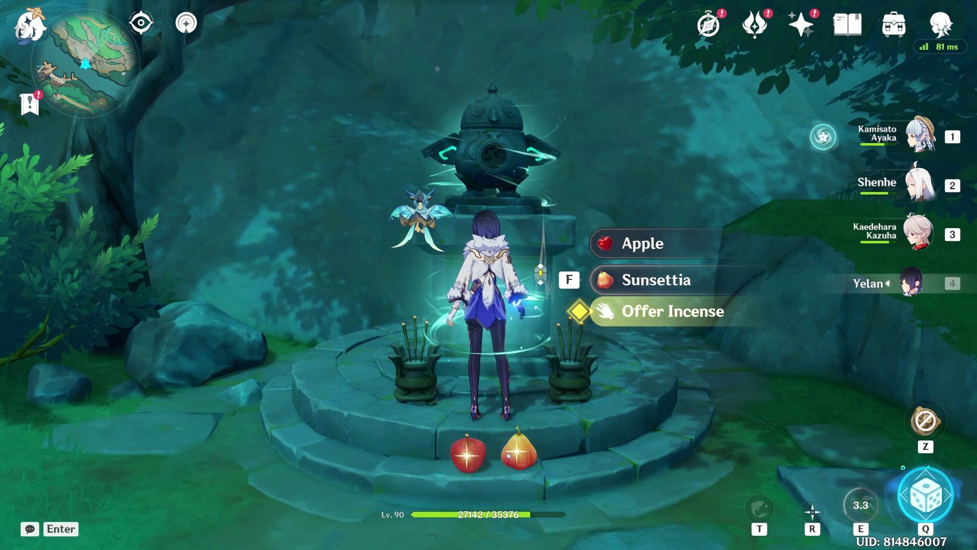 Yelan standing close to a stone simulacura with Incense sticks under it in Genshin Impact