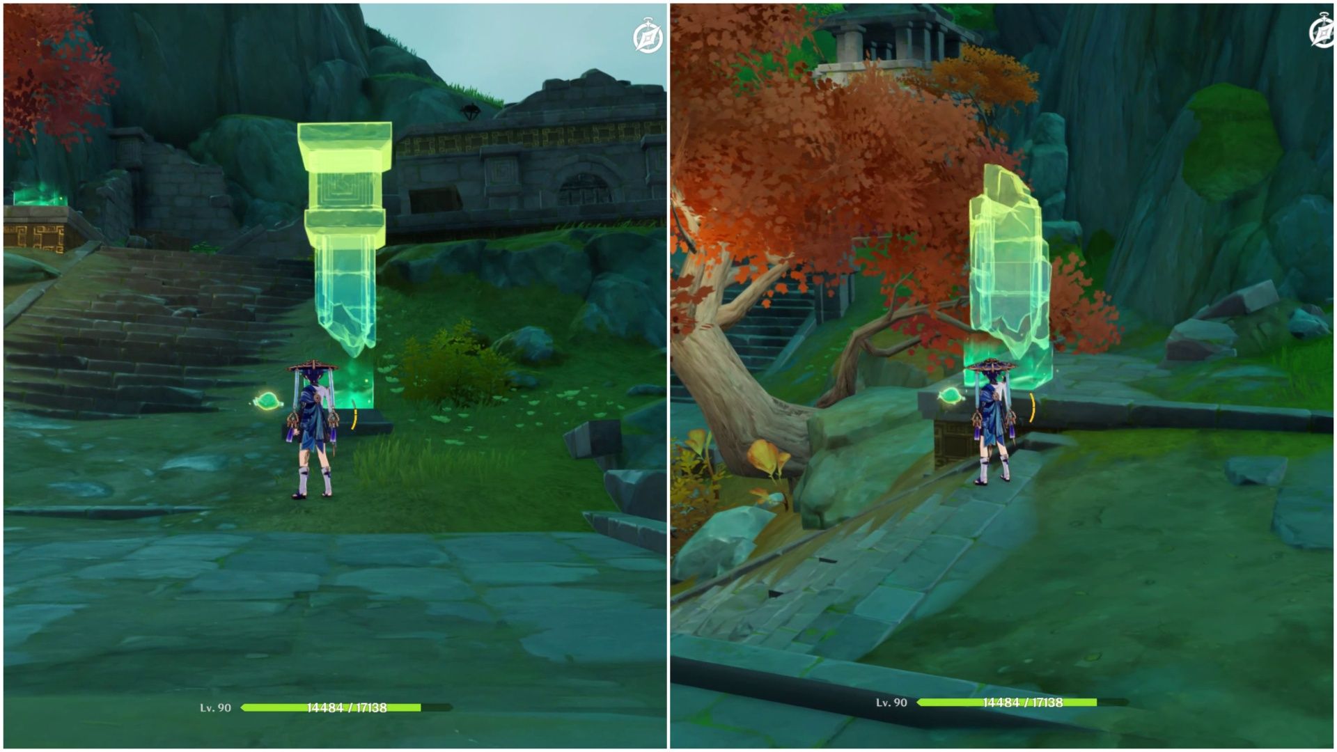 Wanderer close to the locations of the broken structures and the correct places to put them in Genshin Impact 