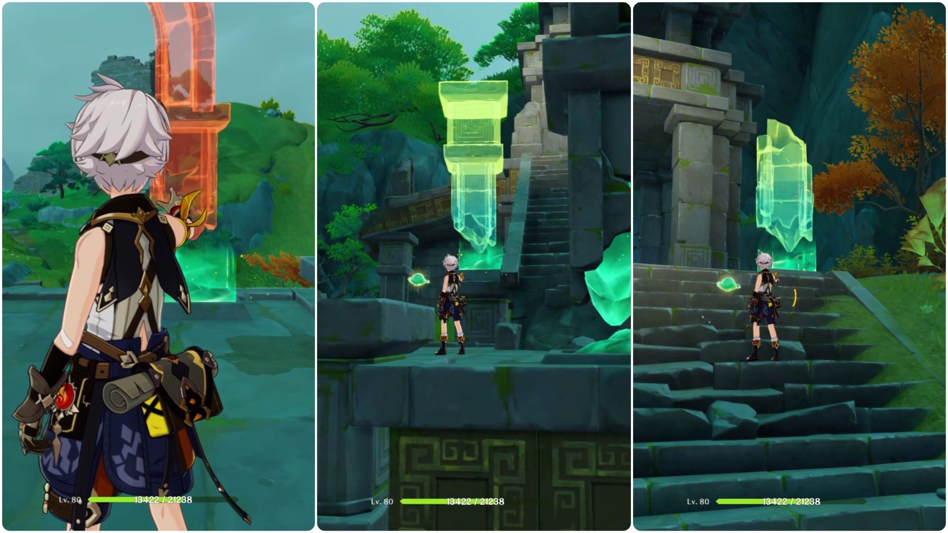 Bennett close to the locations of the broken structures and the correct places to put them in Genshin Impact 
