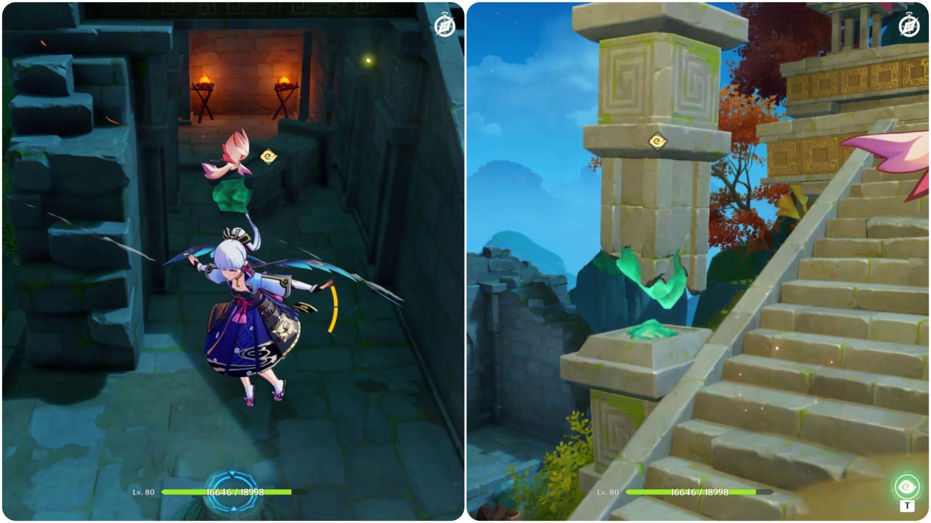 Ayaka close to the locations of the broken structures and the correct places to put them in Genshin Impact 