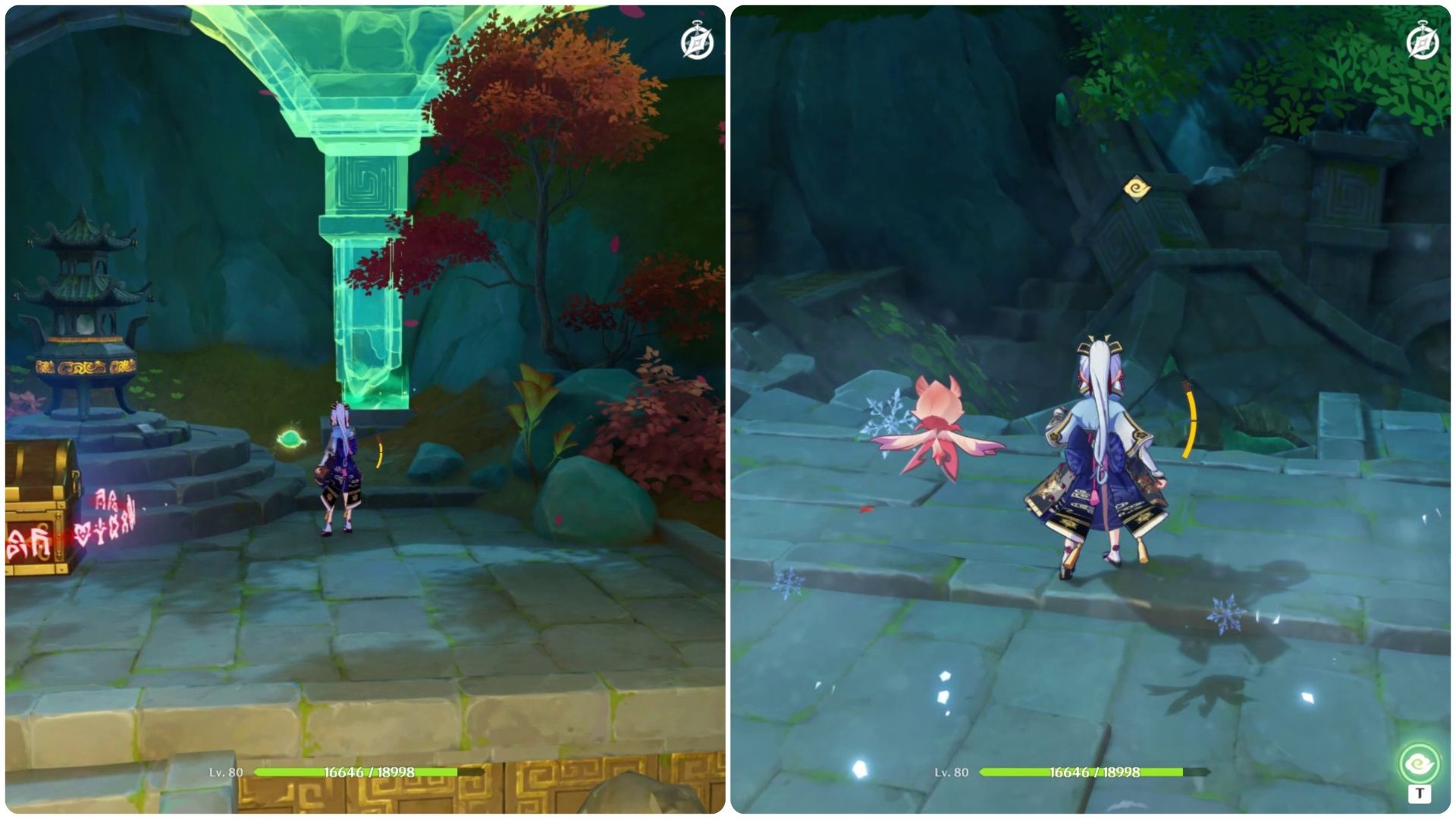 Ayaka close to the locations of the broken structures and the correct places to put them in Genshin Impact 