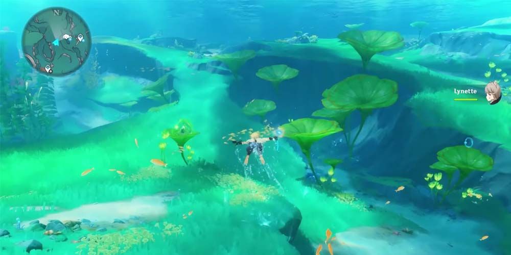 Genshin Impact, the Traveler (Aether), diving in Fontaine with Lynette's Exploration Talent active