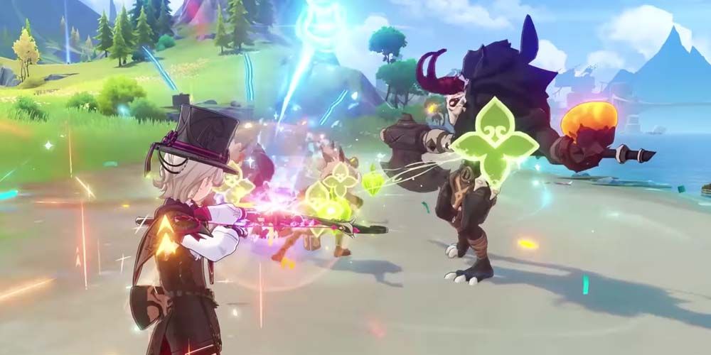 Genshin Impact, Lyney preparing a Charged Attack in battle