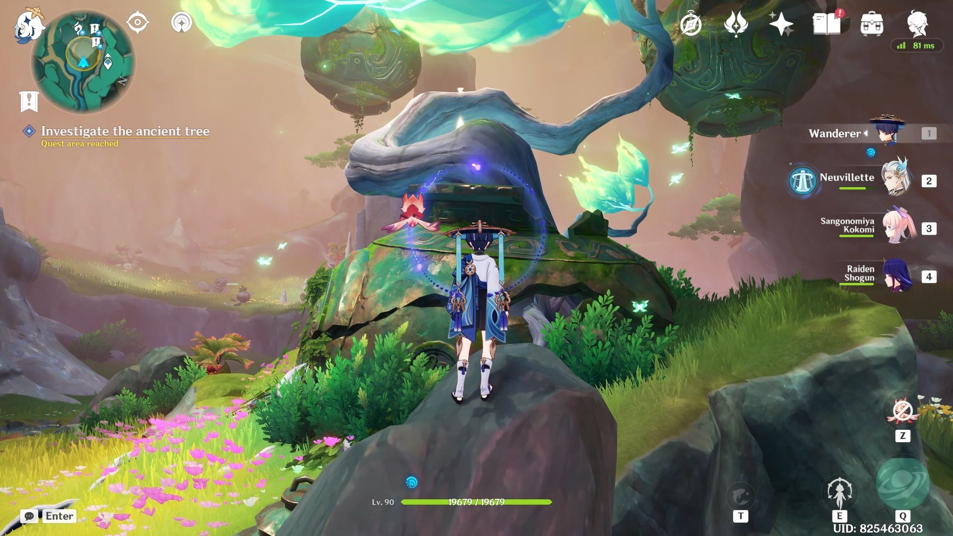 Wanderer standing near an ancient tree emitting adeptal energy in Genshin Impact.