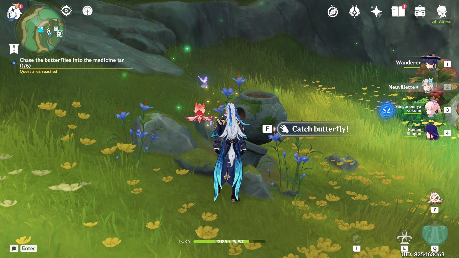 Neuvillete standing near a group of butterflies in Genshin Impact. 