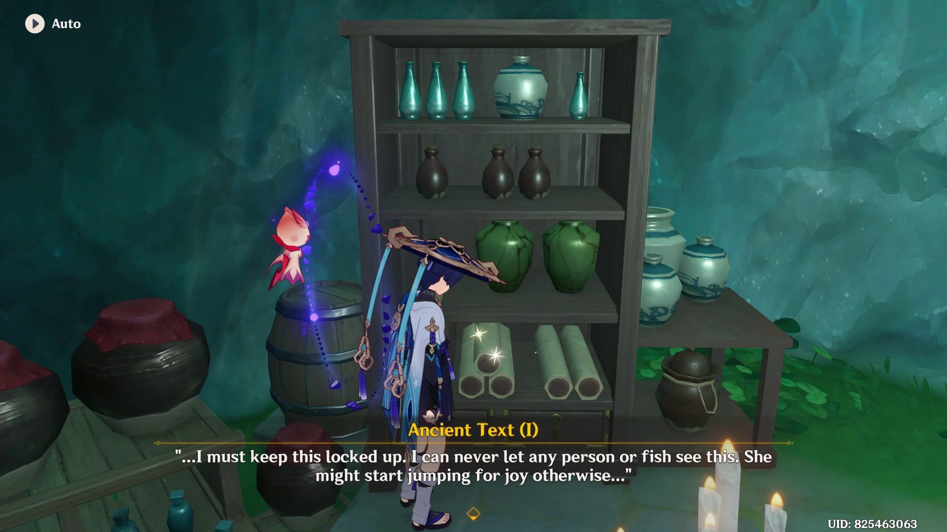 Wanderer reading an ancient text while standing near a shelf with lots of valuables in Genshin Impact.