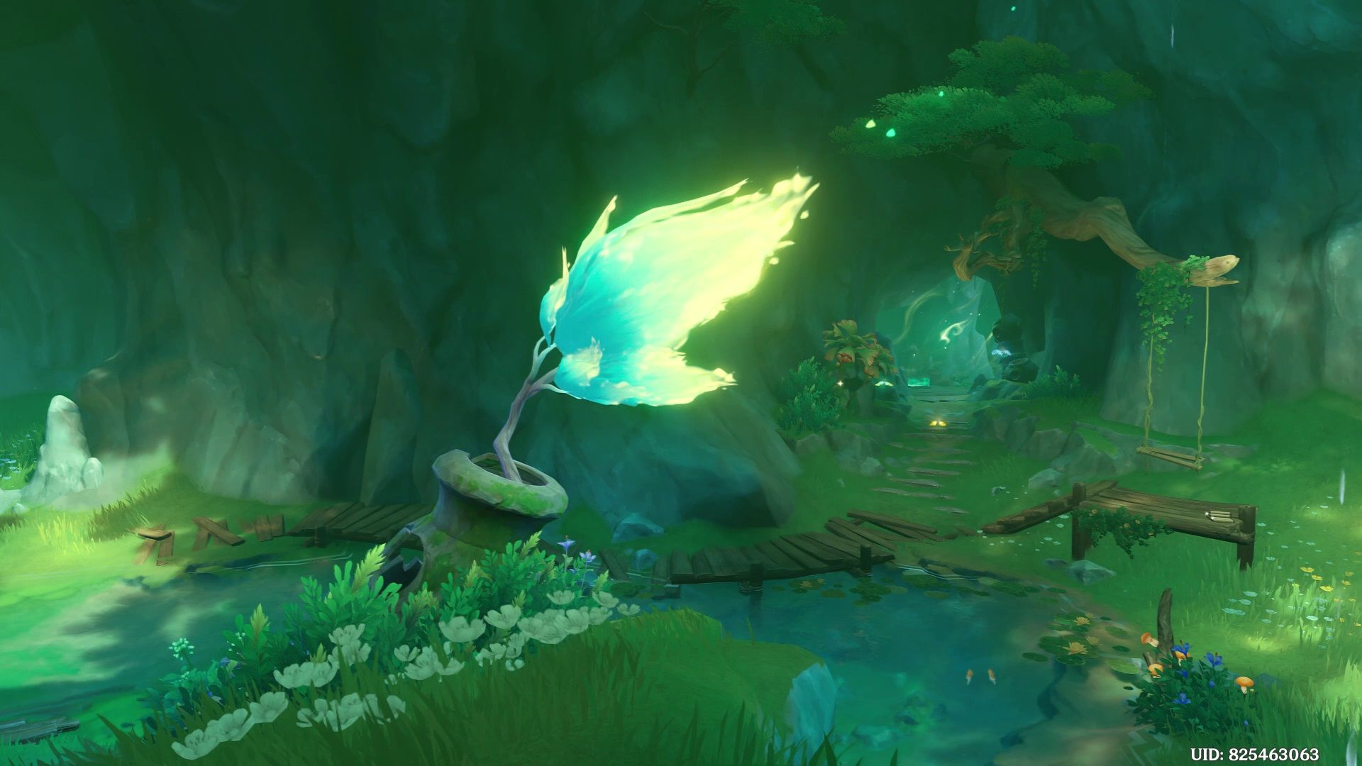 Adeptus's Repose's interior and branch of an ancient tree in Genshin Impact. 