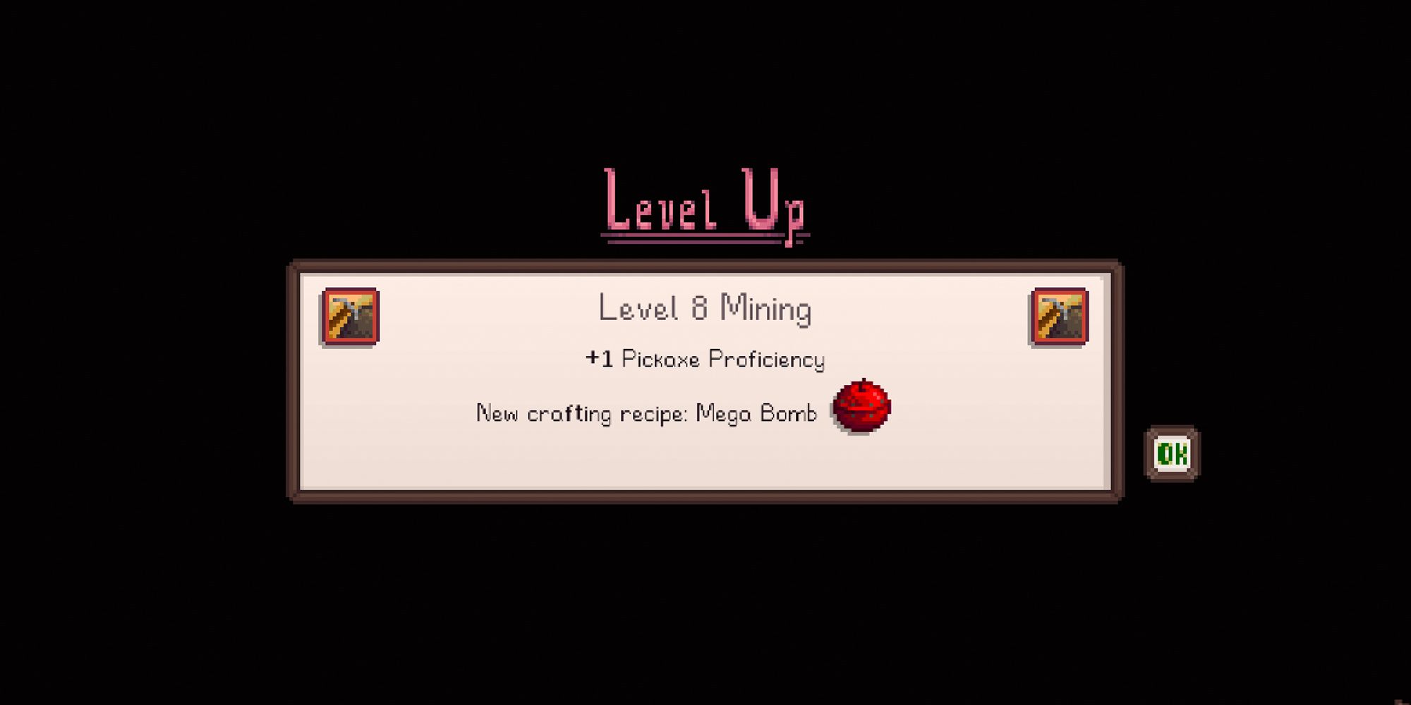 Stardew Valley getting to level eight in the Mining skill and unlocking the recipe for mega bombs