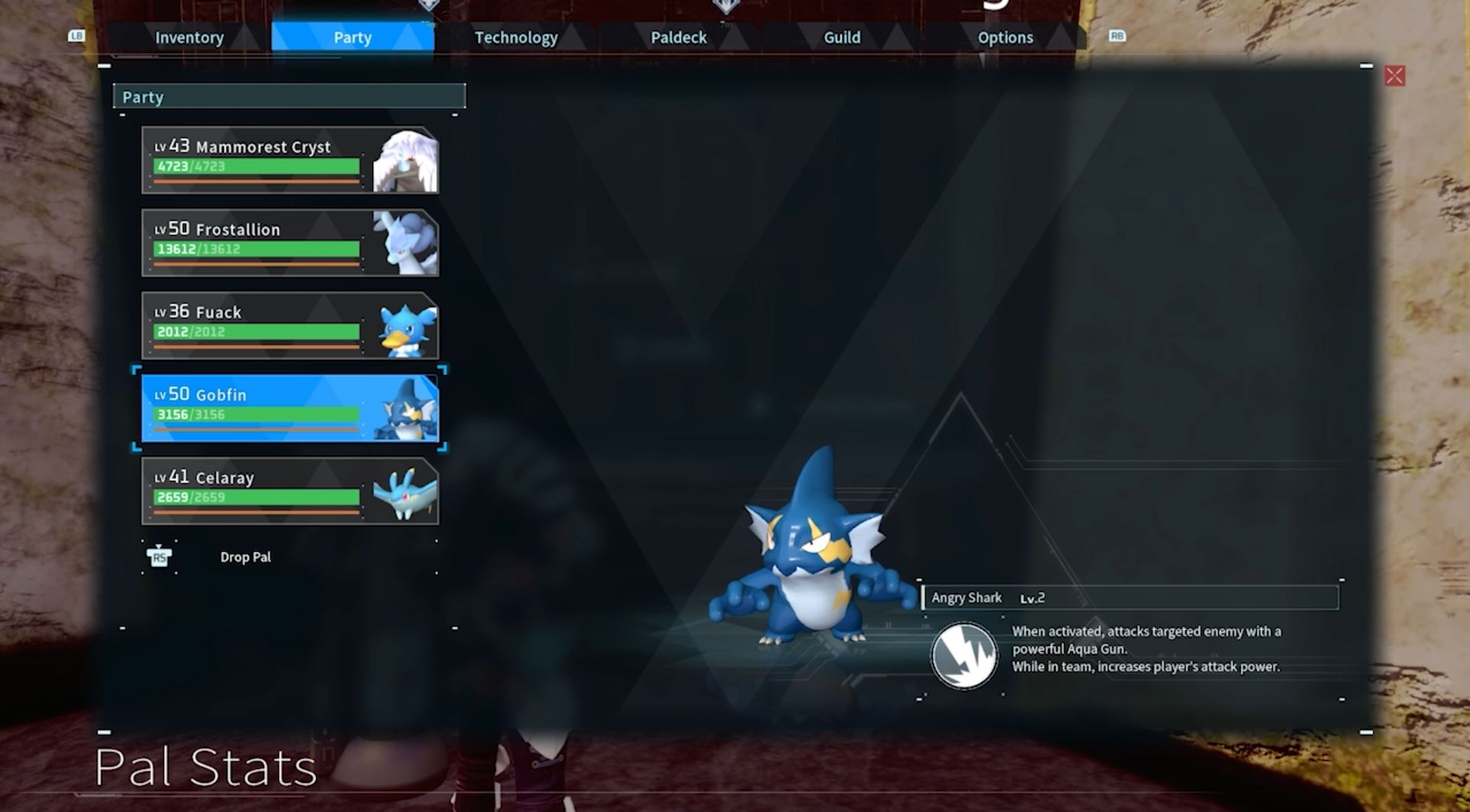 Gobfin water based pal in a player's party in Palworld