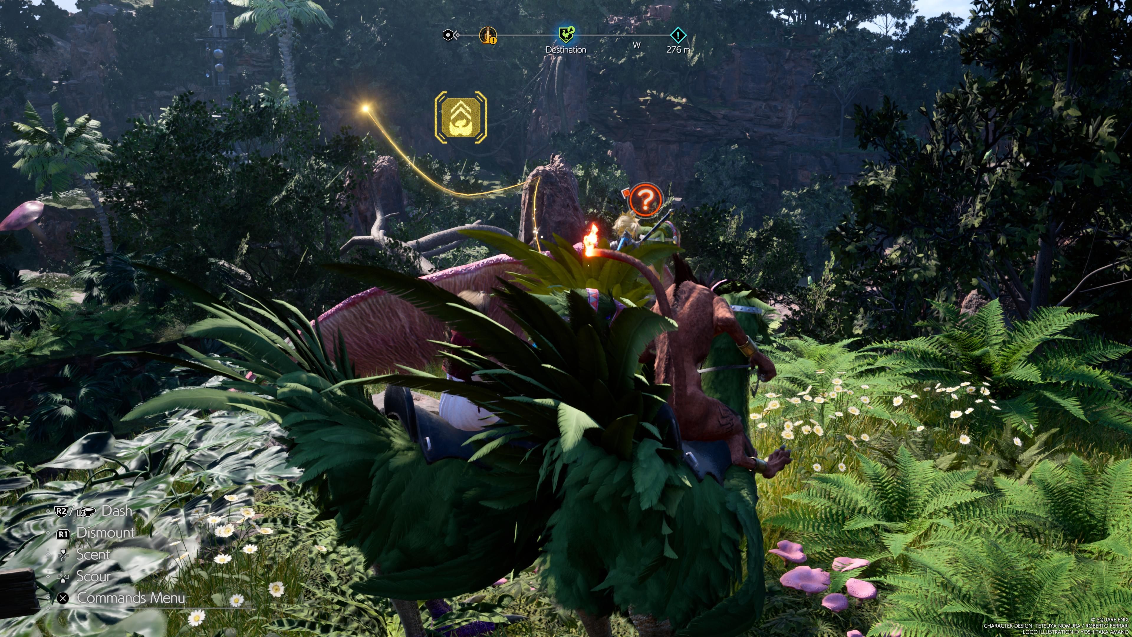 Gongaga's chocobo sniffing an area in search of an Upgrade Chip near a mushroom in FF7 Rebirth