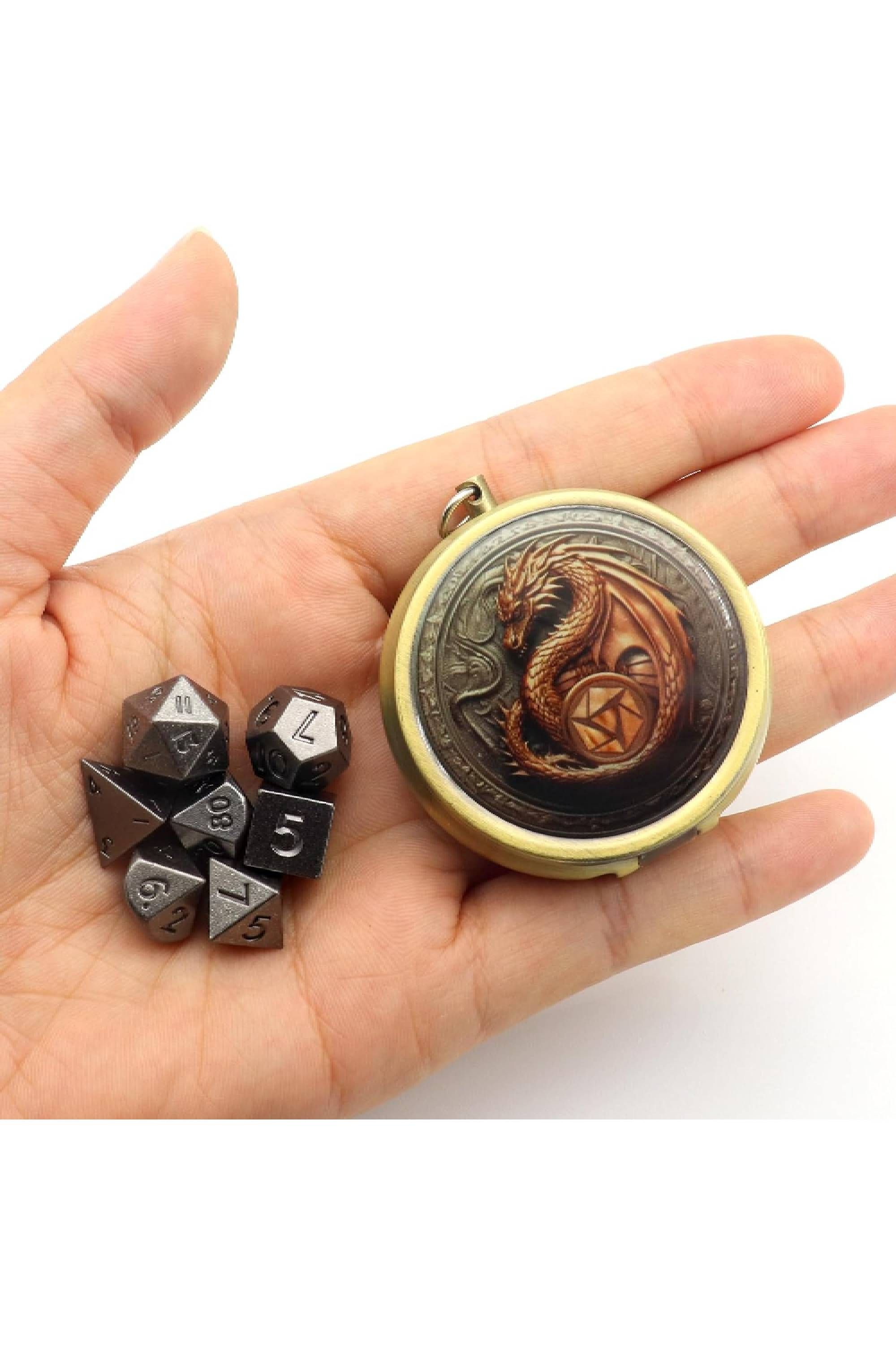 Hand holding Haxtec Mini Dice Set with Keychain Dice Case