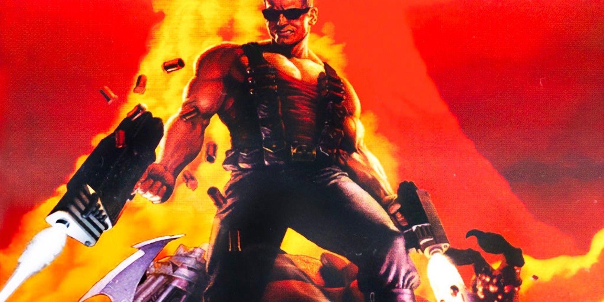 Duke Nukem shooting guns against a red background.