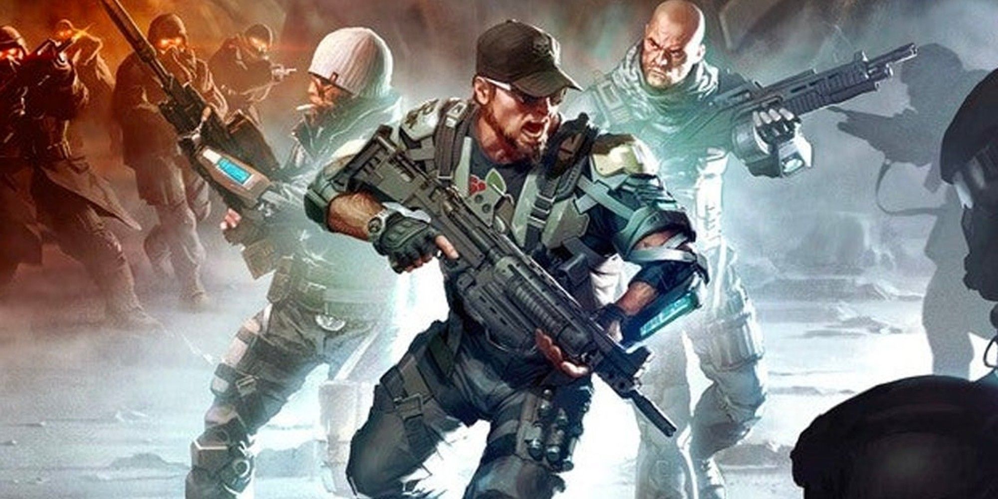 Mercenaries running with guns on a battlefield.