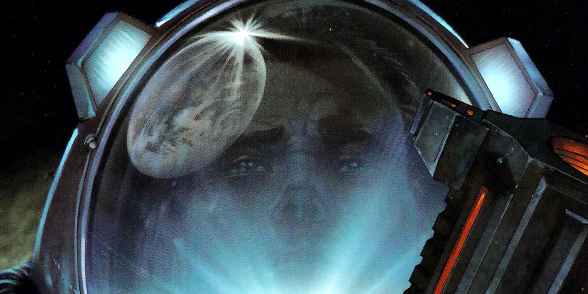The moon reflecting on an astronaut's helmet.