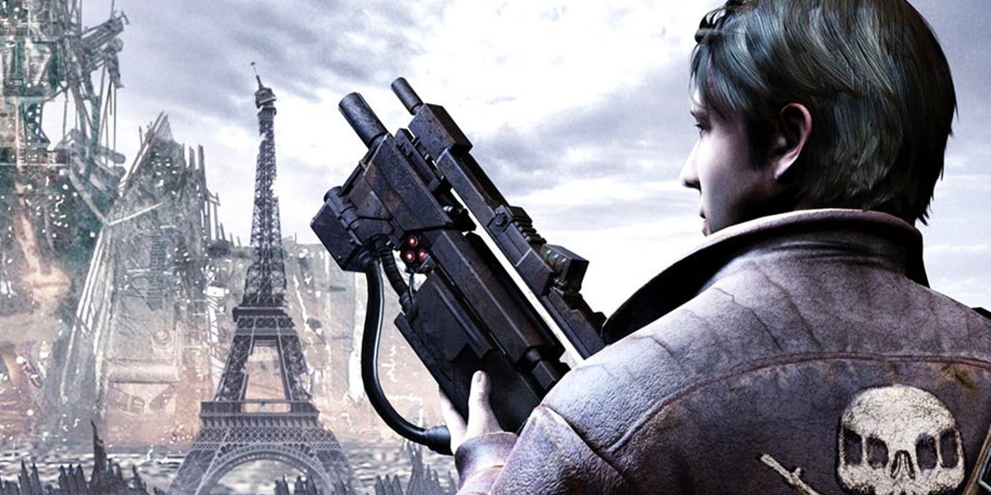 James Grayson holding a gun while looking out at a ruined Eiffel Tower.