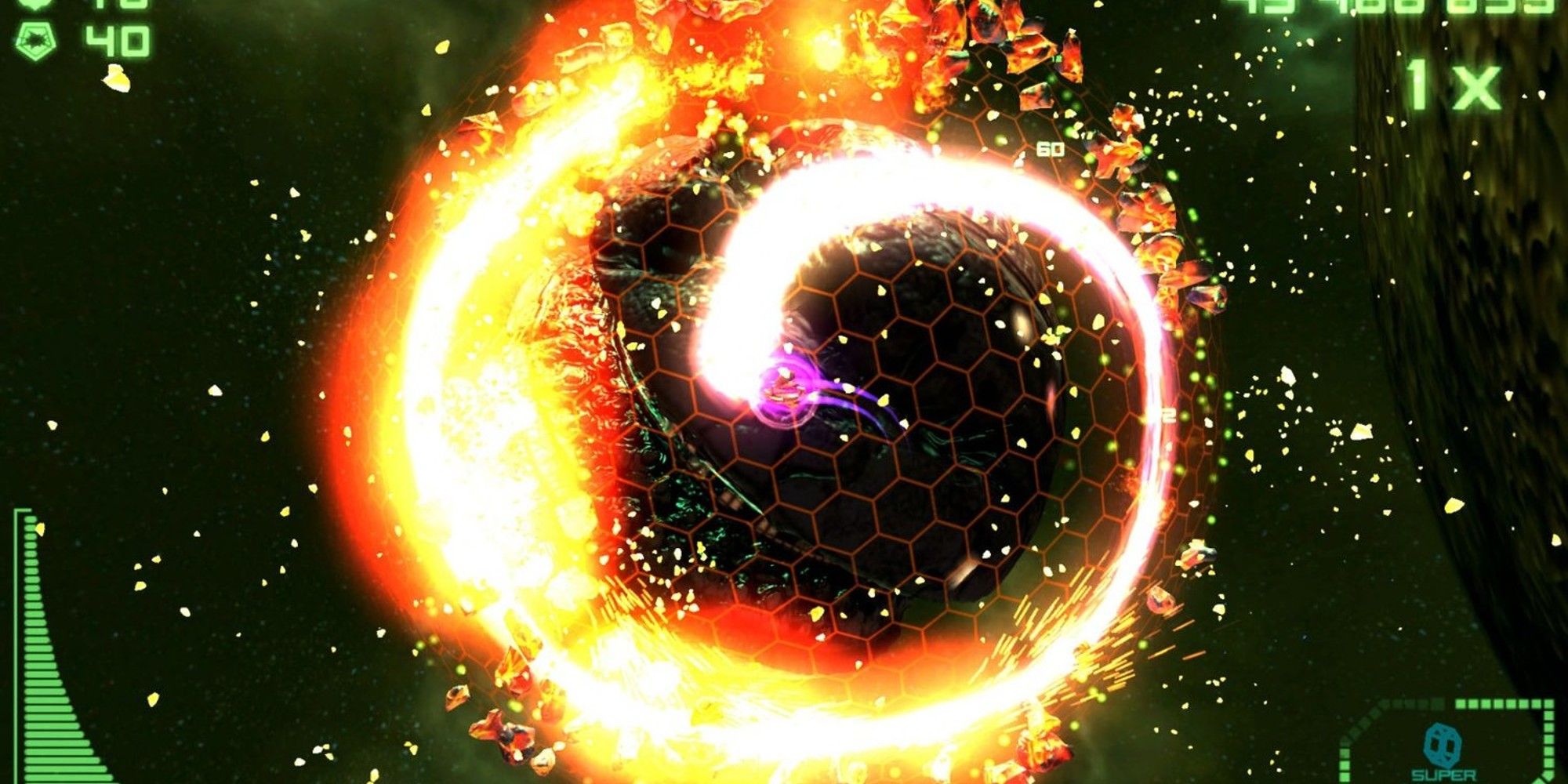 A swirling attack from the spaceship in Super Stardust Delta.