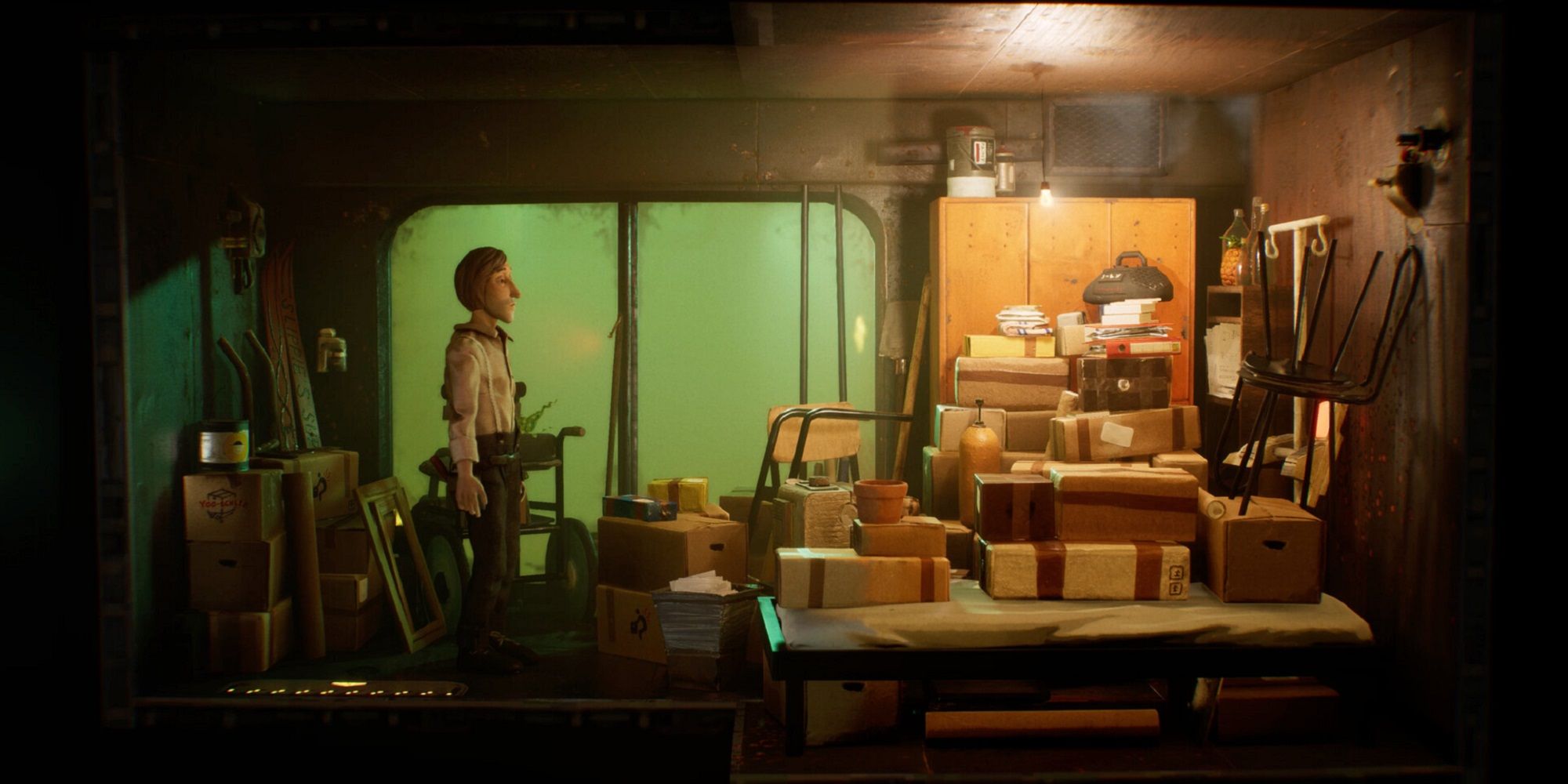 harold halibut looking melancholy in a crowded storeroom