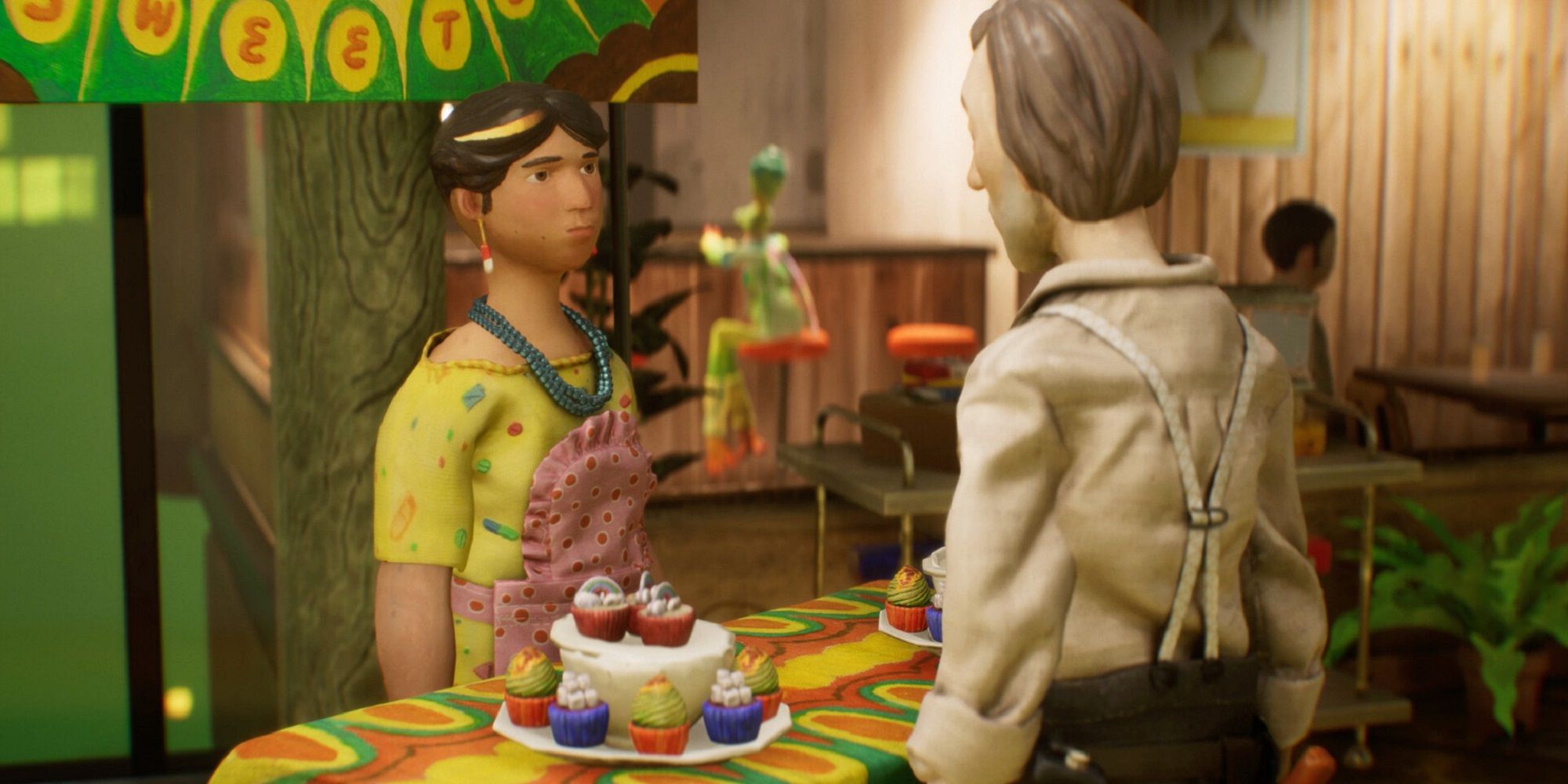 harold halibut looking melancholy while talking to someone selling cupcakes