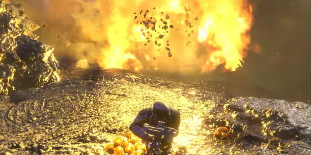 a player runs from a large explosion in Helldivers 2