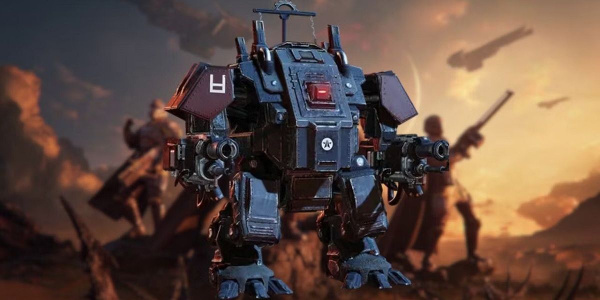 Image of the Hulk Warlord Automaton overlaying the launch key art of Helldivers 2