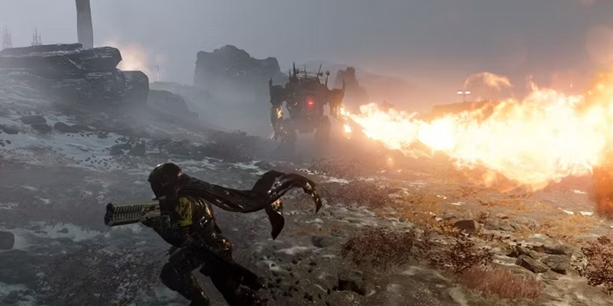 Helldivers 2 player running away as a robot unleashes a flamethrower in a rocky canyon