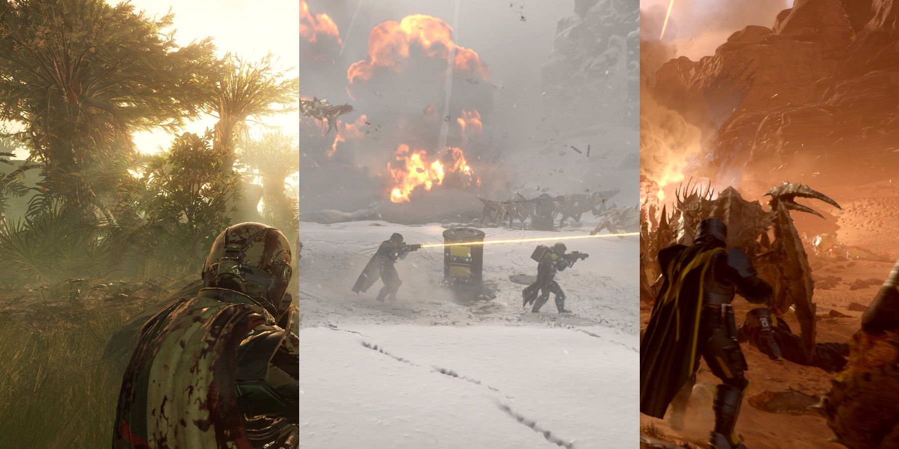 A trio of three images showing scenes from Helldivers 2 
