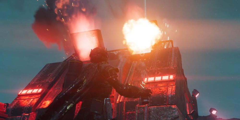 a player prepares to throw a grenade into the exhaust port of an Automaton bot assembler in Helldivers 2