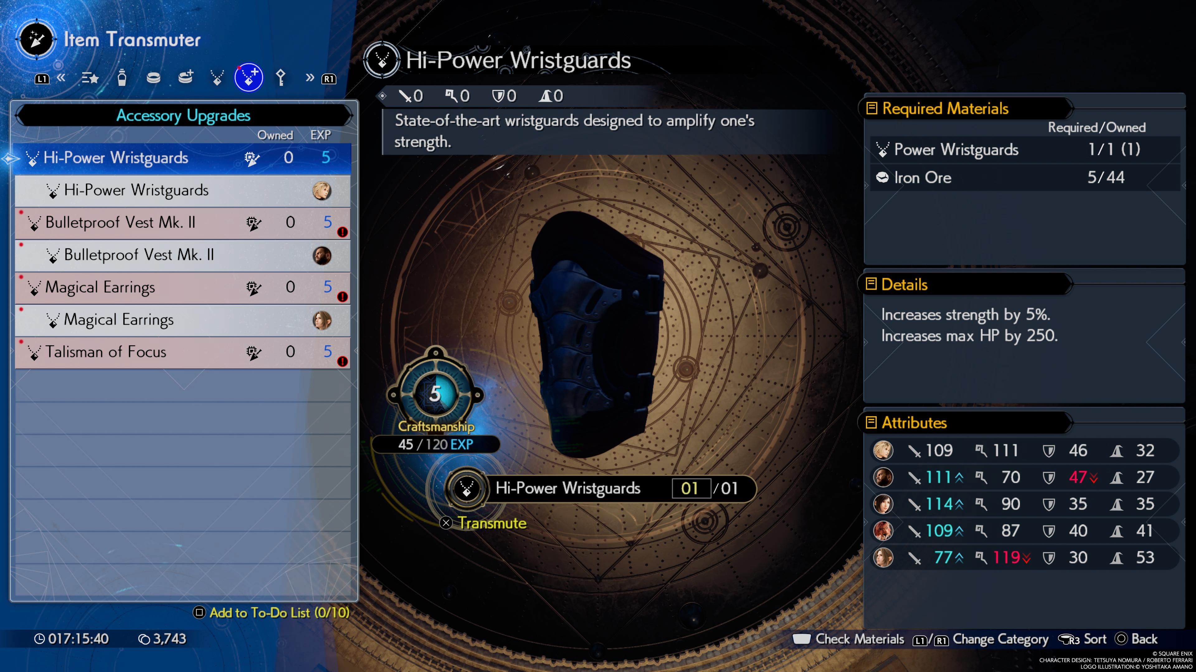 Hi-Power Wristguards and their crafting conditions in FF7 Rebirth's Item Transmuter menu