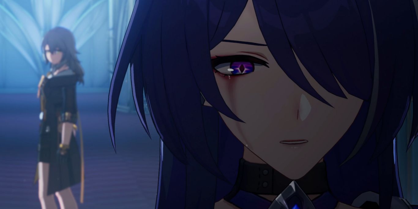 Honkai Star Rail Acheron With Tears Behind Trailblazer