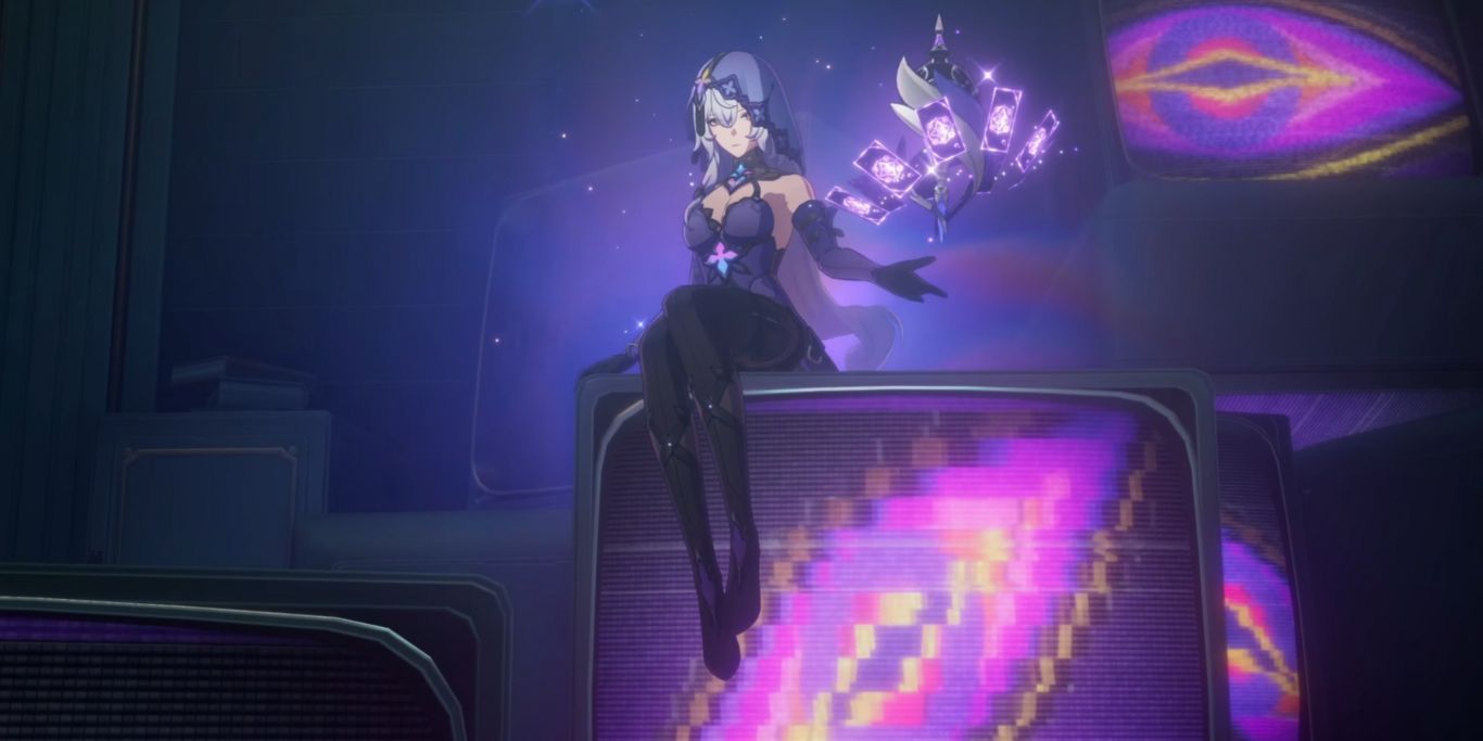 Honkai Star Rail Black Swan sitting on top of a cube.