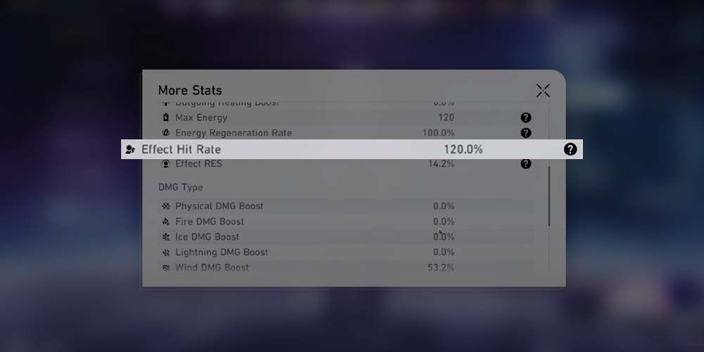 Honkai Star Rail, the stat page with the Effect Hit Rate stat highlighted